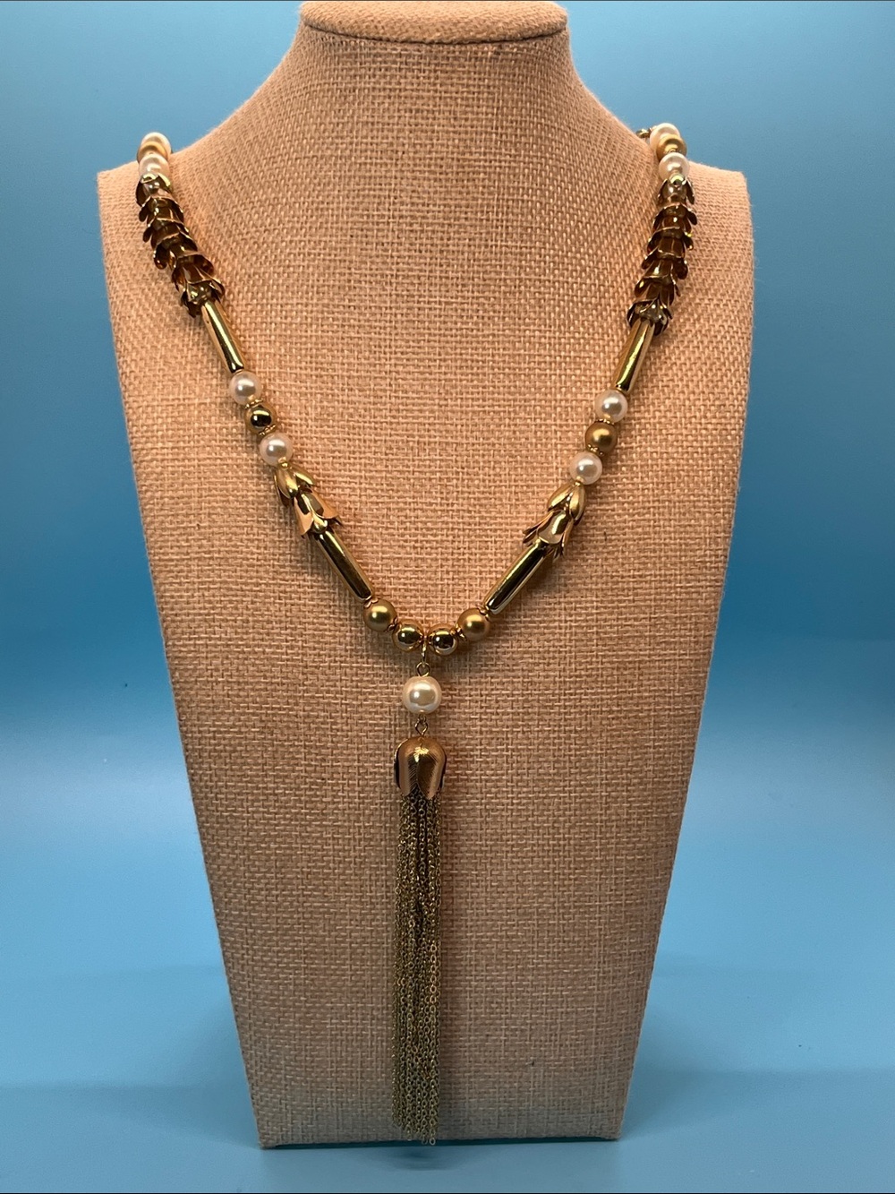 Erica Lyons Gold and White Pearl Tassel Necklace